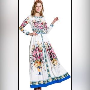 HJW Elegant White Cultivate Slim Flowers Print Big Swing Women Casual
Long Dress